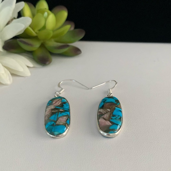Copper & Turquoise Mosaic Handmade Silver Drop Earrings - Picture 5 of 9